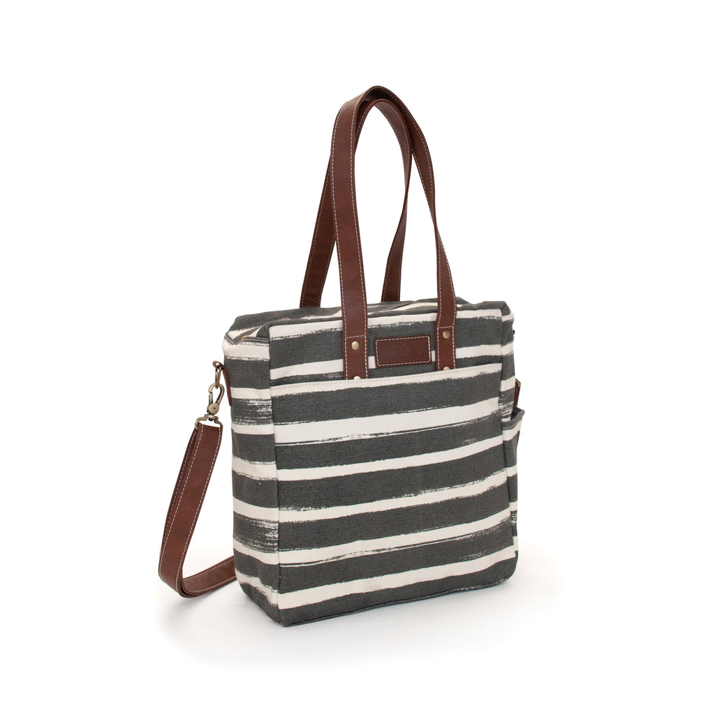 Stripe Leather Tote Bag - Navy